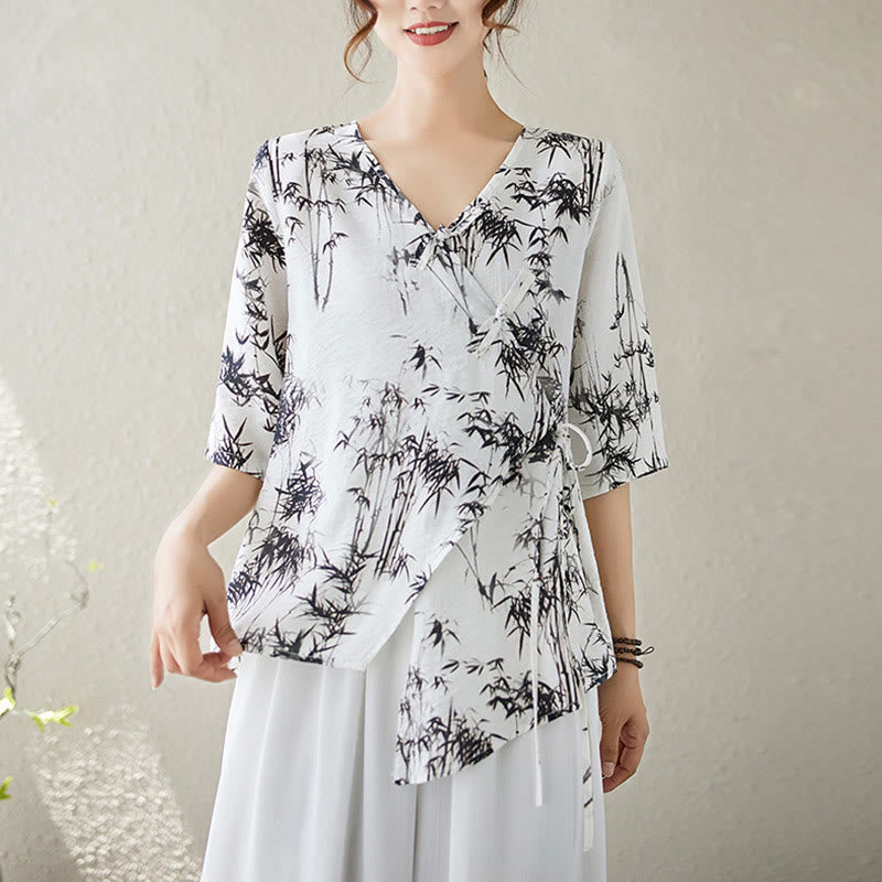 Buddha Stones Tinte Bambusblätter Print V-Ausschnitt Schnürung Froschknopf Hemd T-Shirt Tee - Schnee - XL(Passend für US 6; UK/AU 10; EU 38) - image 0