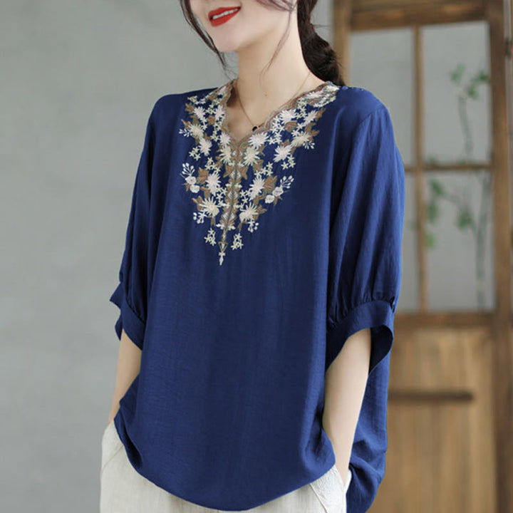 Buddha Stones Kleine Blumige Stickerei V-Ausschnitt Kurzarm Baumwolle Leinen T-Shirt Tee - SteelBlue - F (Passend für US 4-8/10; UK/AU 8-12/14; EU 36-40/42) - image 3