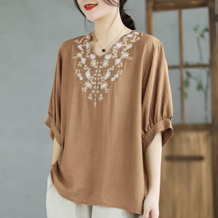 Buddha Stones Kleine Blumige Stickerei V-Ausschnitt Kurzarm Baumwolle Leinen T-Shirt Tee - NavajoWhite - F (Passend für US 4-8/10; UK/AU 8-12/14; EU 36-40/42) - image 11