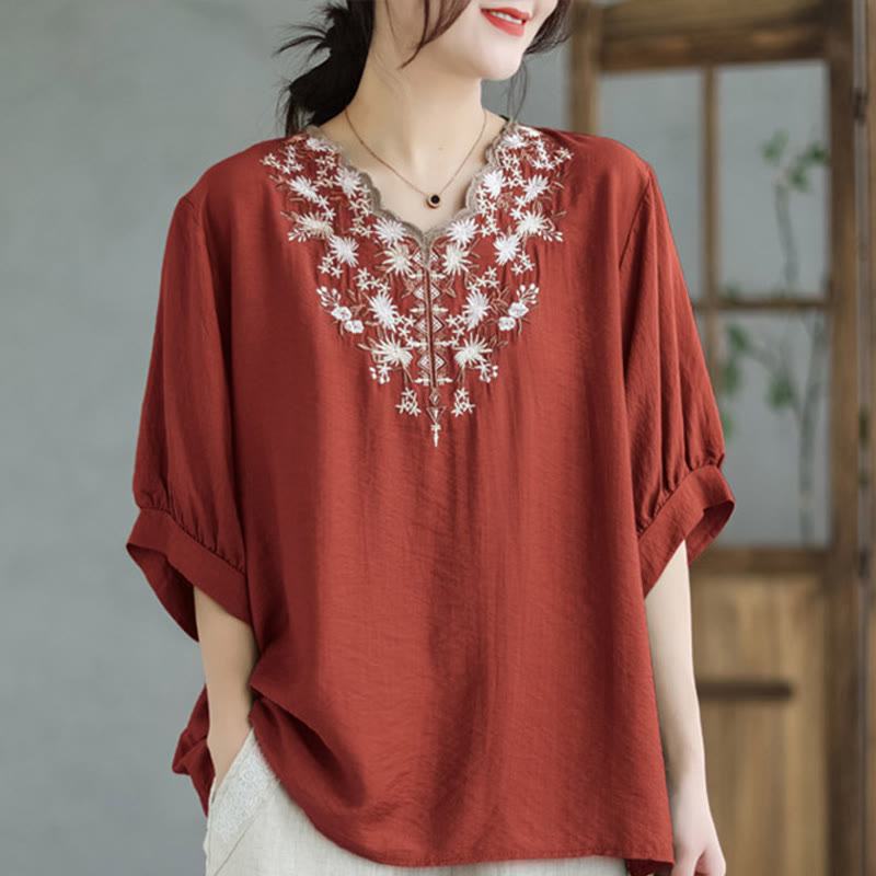 Buddha Stones Kleine Blumige Stickerei V-Ausschnitt Kurzarm Baumwolle Leinen T-Shirt Tee - Tomate - F (Passend für US 4-8/10; UK/AU 8-12/14; EU 36-40/42) - image 2