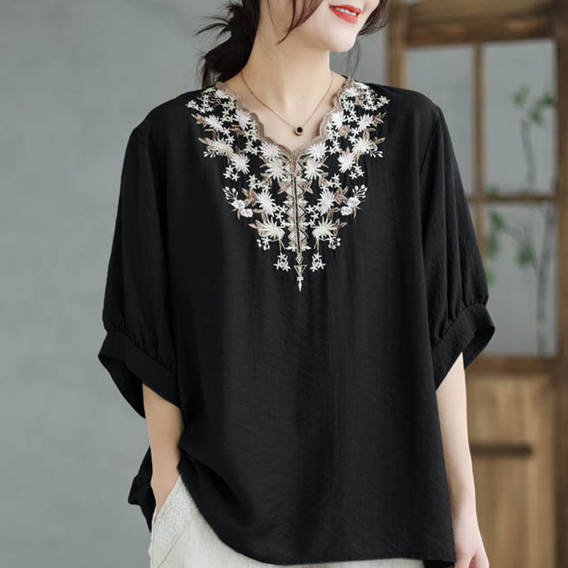 Buddha Stones Kleine Blumige Stickerei V-Ausschnitt Kurzarm Baumwolle Leinen T-Shirt Tee - image 1