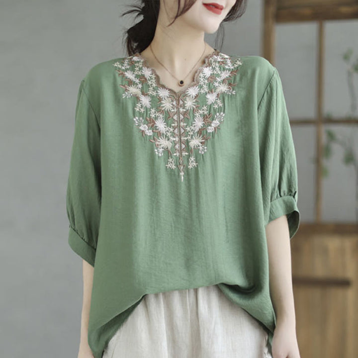 Buddha Stones Kleine Blumige Stickerei V-Ausschnitt Kurzarm Baumwolle Leinen T-Shirt Tee - Aquamarin - F (Passend für US 4-8/10; UK/AU 8-12/14; EU 36-40/42) - image 4