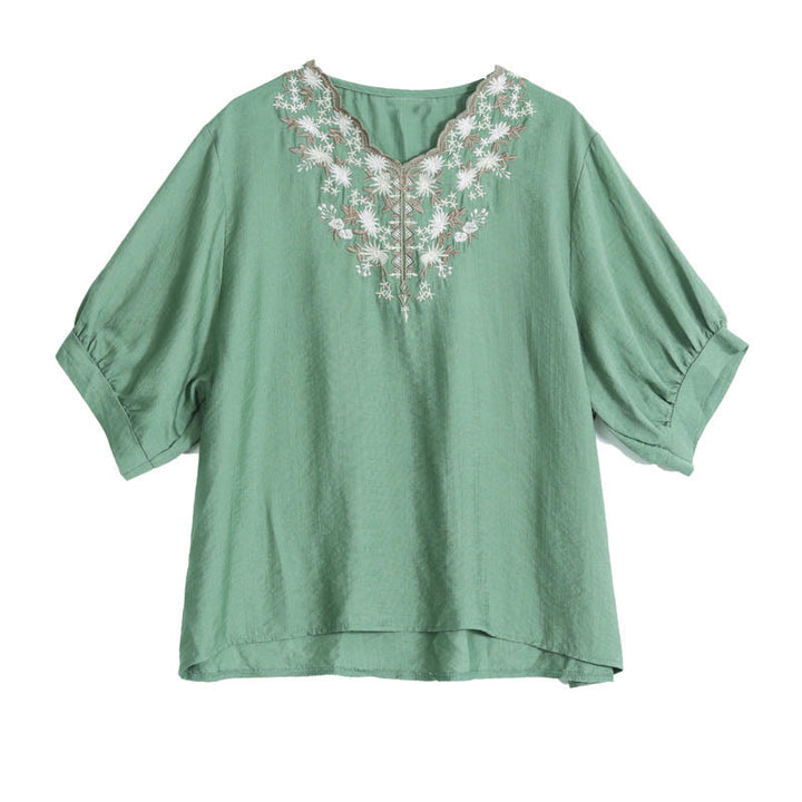 Buddha Stones Kleine Blumige Stickerei V-Ausschnitt Kurzarm Baumwolle Leinen T-Shirt Tee - image 5