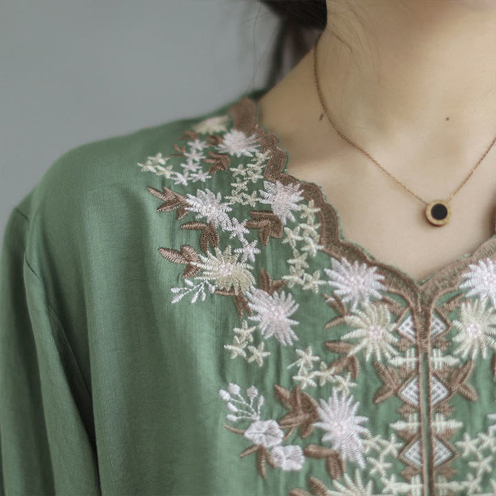 Buddha Stones Kleine Blumige Stickerei V-Ausschnitt Kurzarm Baumwolle Leinen T-Shirt Tee - image 6