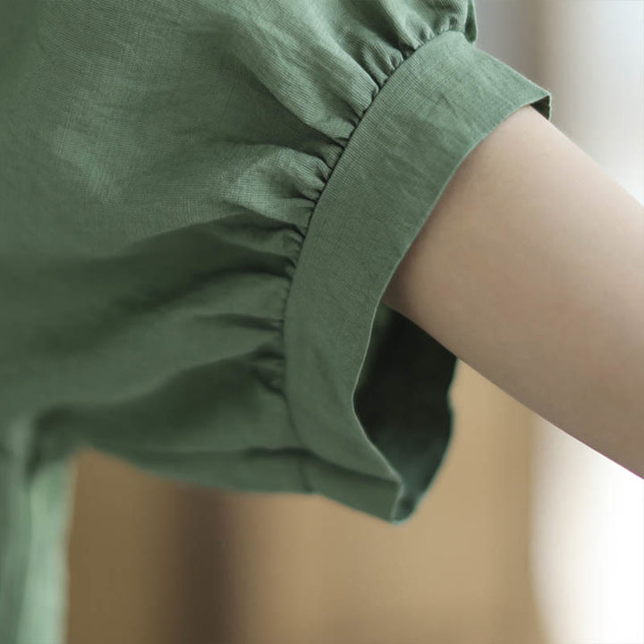 Buddha Stones Kleine Blumige Stickerei V-Ausschnitt Kurzarm Baumwolle Leinen T-Shirt Tee - image 9