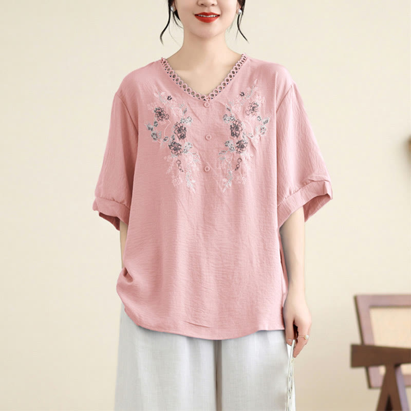 Buddha Stones Blumenstickerei V-Ausschnitt Halbarm T-Shirt Tee - Hellrosa - F (Passend für US4-8/10; UK/AU8-12/14; EU36-40/42) - image 0