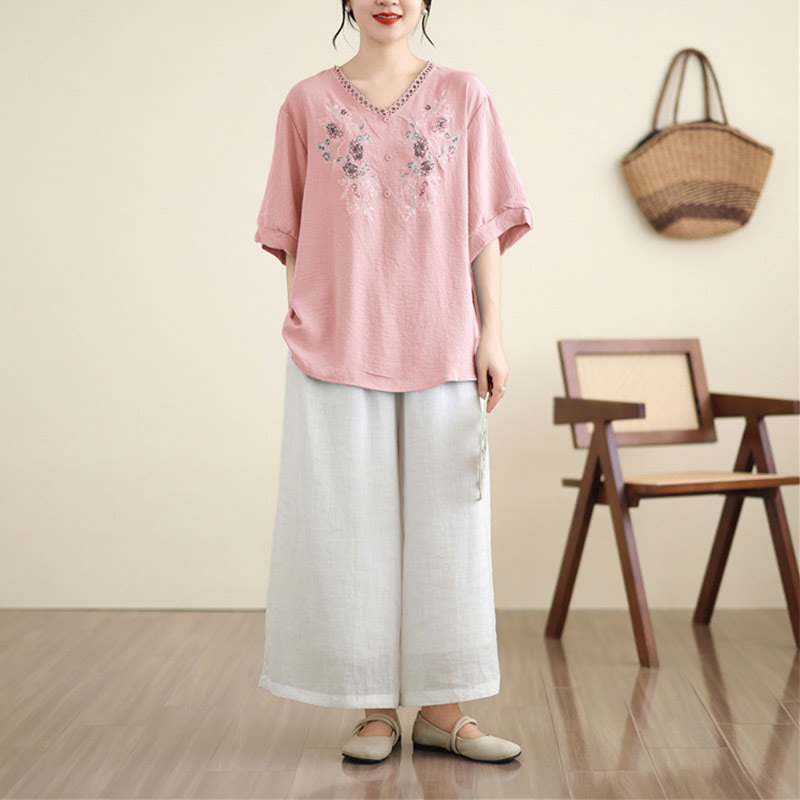Buddha Stones Blumenstickerei V-Ausschnitt Halbarm T-Shirt Tee - image 3
