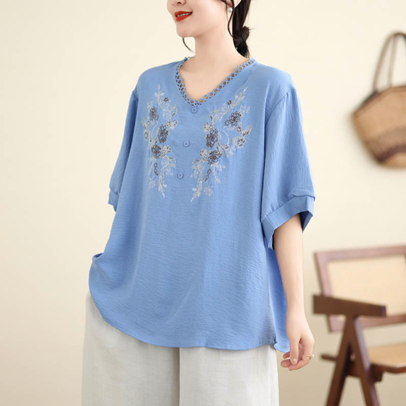 Buddha Stones Blumenstickerei V-Ausschnitt Halbarm T-Shirt Tee - image 6