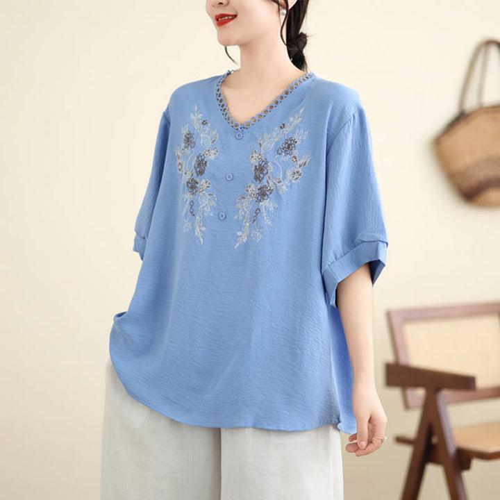 Buddha Stones Blumenstickerei V-Ausschnitt Halbarm T-Shirt Tee - image 6