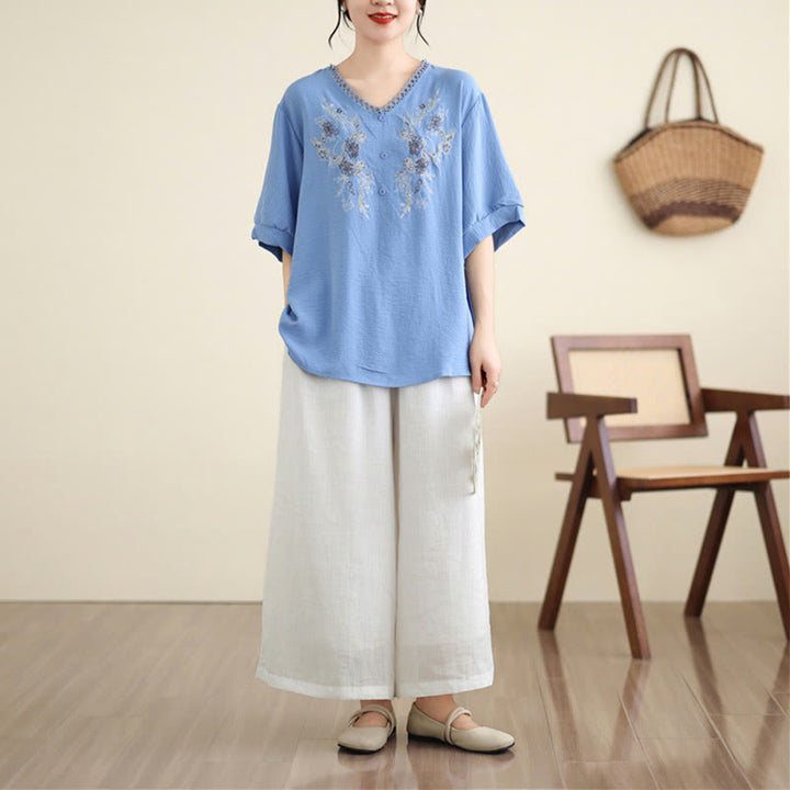 Buddha Stones Blumenstickerei V-Ausschnitt Halbarm T-Shirt Tee - image 12