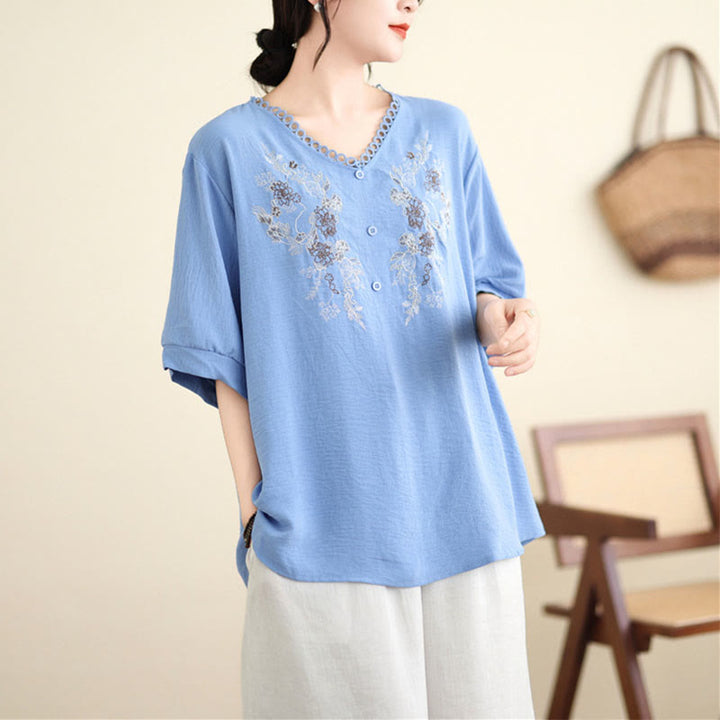 Buddha Stones Blumenstickerei V-Ausschnitt Halbarm T-Shirt Tee - image 7