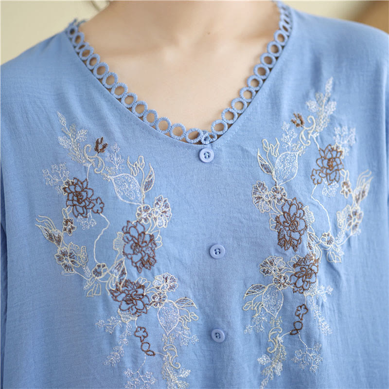 Buddha Stones Blumenstickerei V-Ausschnitt Halbarm T-Shirt Tee - image 10