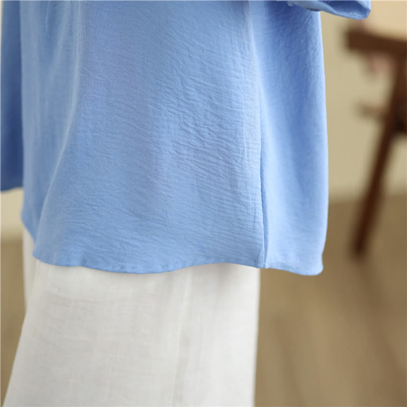 Buddha Stones Blumenstickerei V-Ausschnitt Halbarm T-Shirt Tee - image 11
