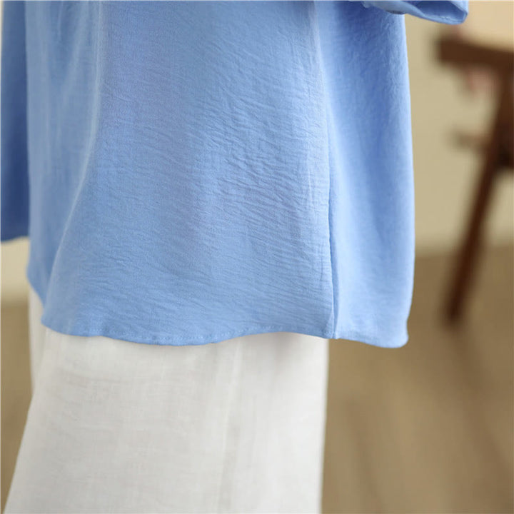 Buddha Stones Blumenstickerei V-Ausschnitt Halbarm T-Shirt Tee - image 11