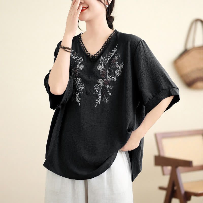 Buddha Stones Blumenstickerei V-Ausschnitt Halbarm T-Shirt Tee - image 15