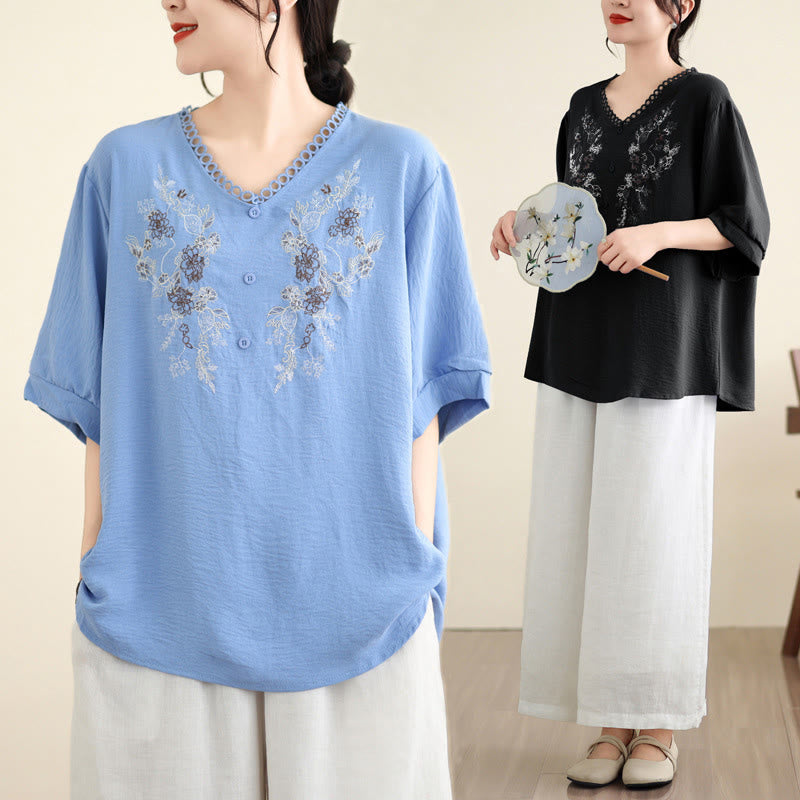 Buddha Stones Blumenstickerei V-Ausschnitt Halbarm T-Shirt Tee - image 17