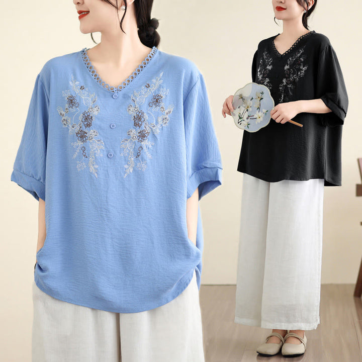 Buddha Stones Blumenstickerei V-Ausschnitt Halbarm T-Shirt Tee - image 17