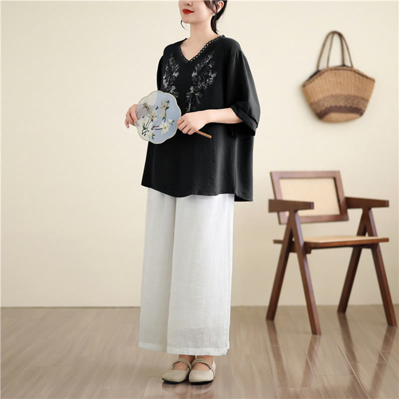 Buddha Stones Blumenstickerei V-Ausschnitt Halbarm T-Shirt Tee - image 16
