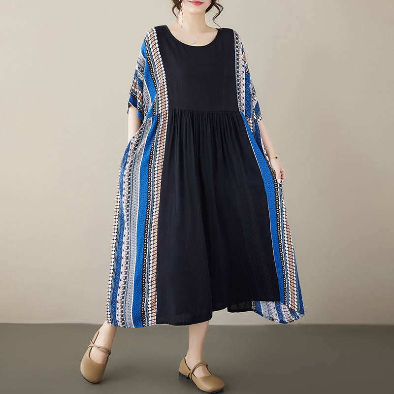 Buddha Stones Schwarzes Blau Gestreiftes Kurzärmeliges Midi-Kleid Mit Taschen - image 1