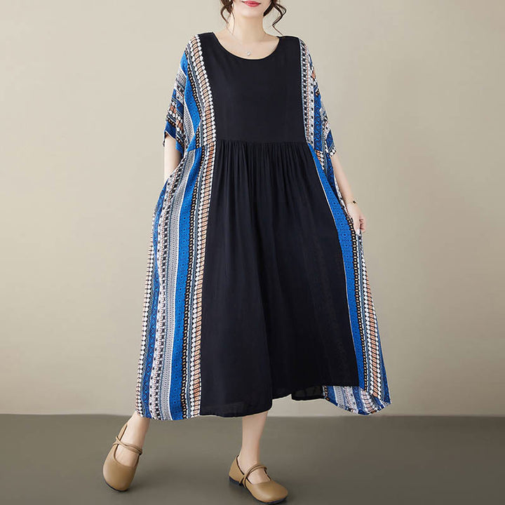 Buddha Stones Schwarzes Blau Gestreiftes Kurzärmeliges Midi-Kleid Mit Taschen - image 1