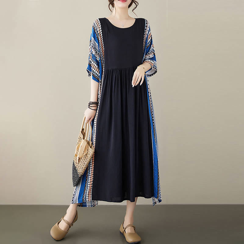 Buddha Stones Schwarzes Blau Gestreiftes Kurzärmeliges Midi-Kleid Mit Taschen - image 15