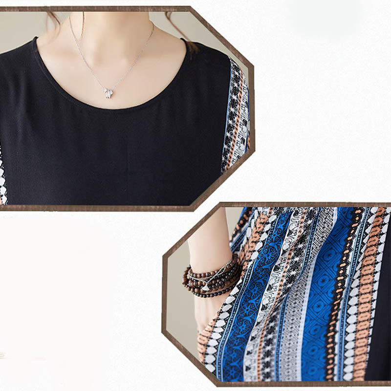 Buddha Stones Schwarzes Blau Gestreiftes Kurzärmeliges Midi-Kleid Mit Taschen - image 12