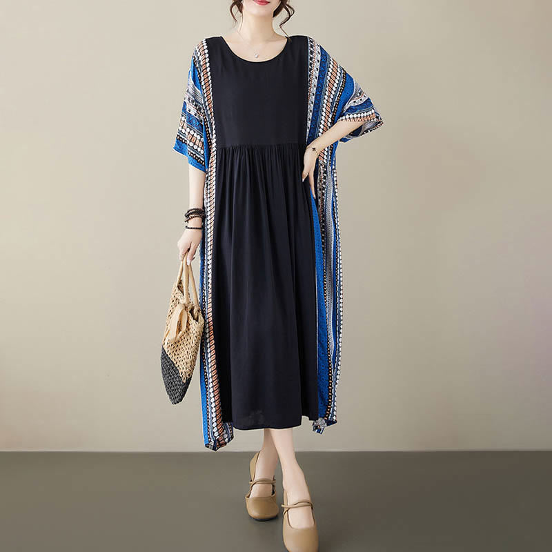 Buddha Stones Schwarzes Blau Gestreiftes Kurzärmeliges Midi-Kleid Mit Taschen - image 16