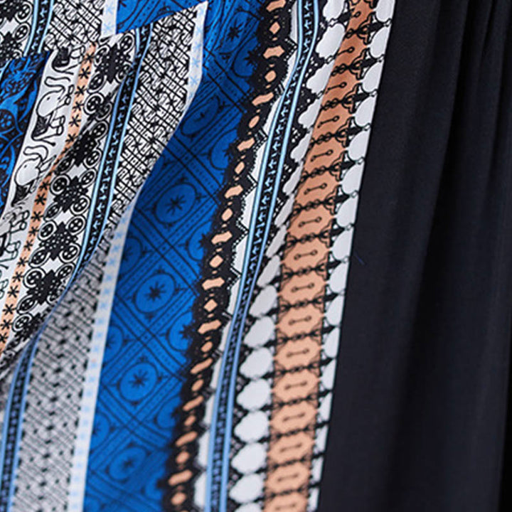 Buddha Stones Schwarzes Blau Gestreiftes Kurzärmeliges Midi-Kleid Mit Taschen - image 9