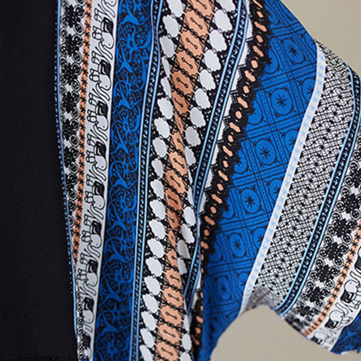 Buddha Stones Schwarzes Blau Gestreiftes Kurzärmeliges Midi-Kleid Mit Taschen - image 10