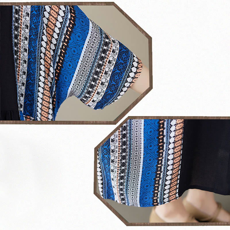 Buddha Stones Schwarzes Blau Gestreiftes Kurzärmeliges Midi-Kleid Mit Taschen - image 13