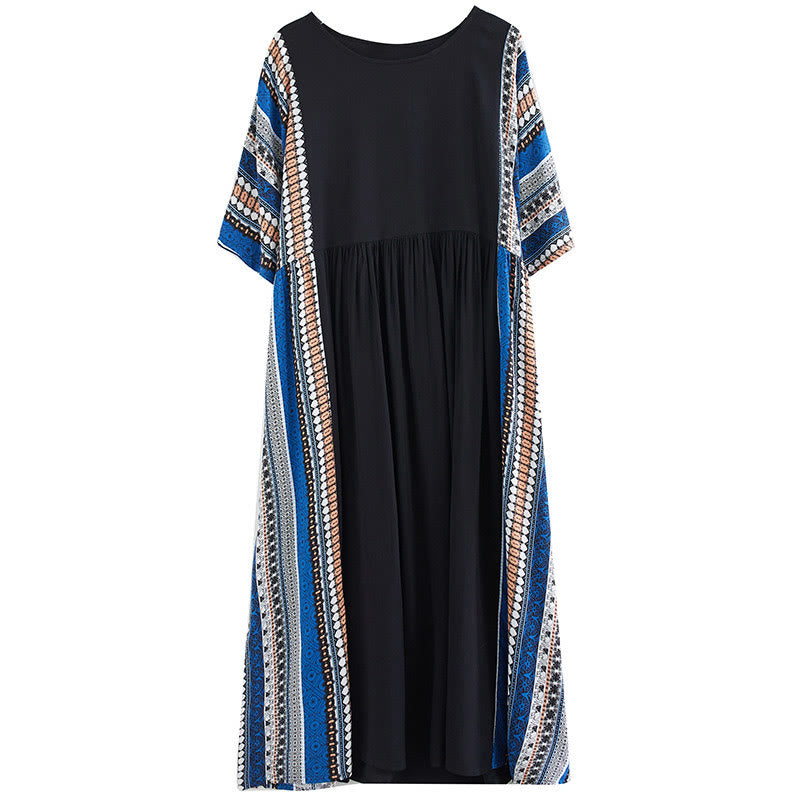 Buddha Stones Schwarzes Blau Gestreiftes Kurzärmeliges Midi-Kleid Mit Taschen - image 5