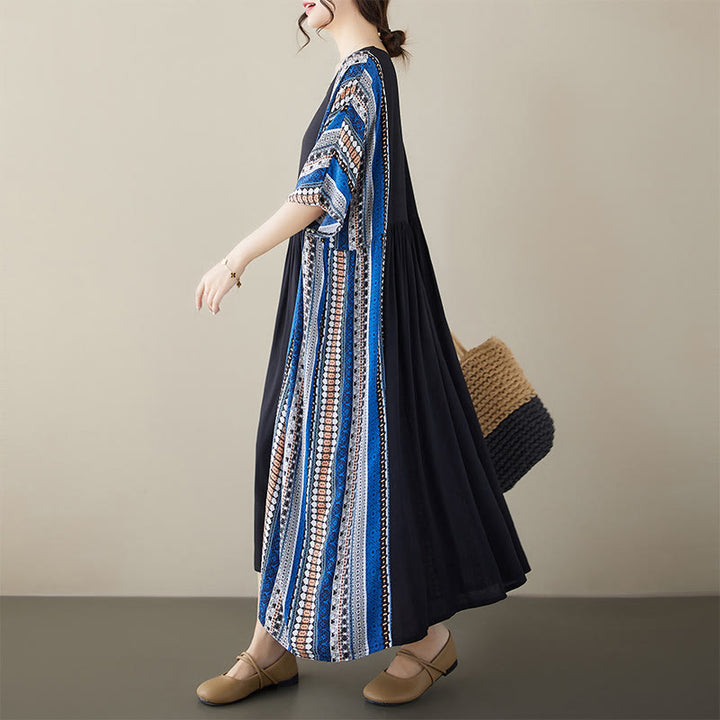 Buddha Stones Schwarzes Blau Gestreiftes Kurzärmeliges Midi-Kleid Mit Taschen - image 2