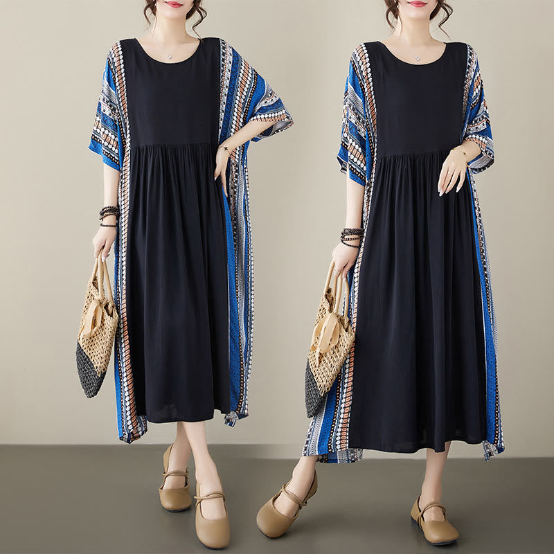 Buddha Stones Schwarzes Blau Gestreiftes Kurzärmeliges Midi-Kleid Mit Taschen - image 14
