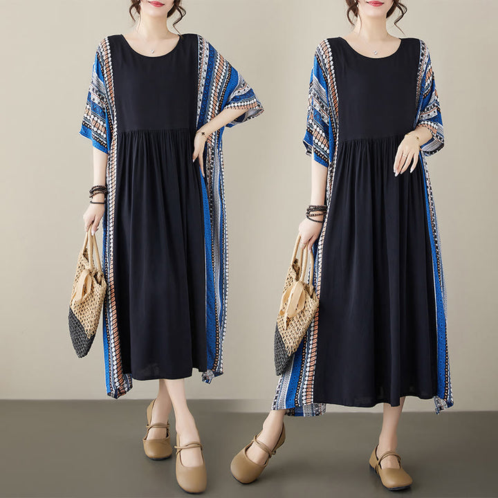 Buddha Stones Schwarzes Blau Gestreiftes Kurzärmeliges Midi-Kleid Mit Taschen - image 14