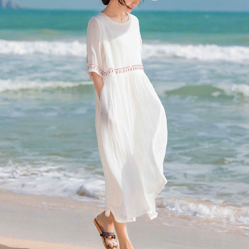 Buddha Stones, einfarbiges, besticktes, kurzärmeliges Baumwoll-Midikleid - image 15