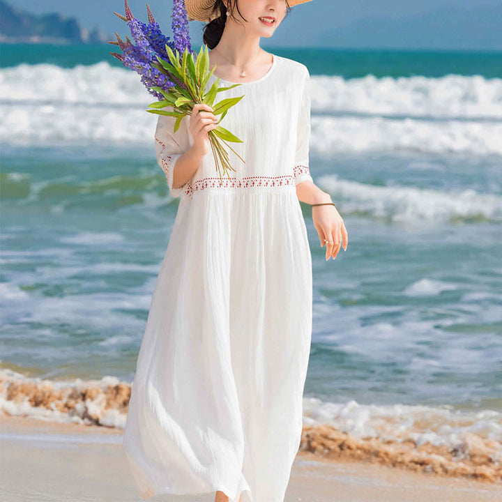 Buddha Stones, einfarbiges, besticktes, kurzärmeliges Midikleid mit Taschen - image 13