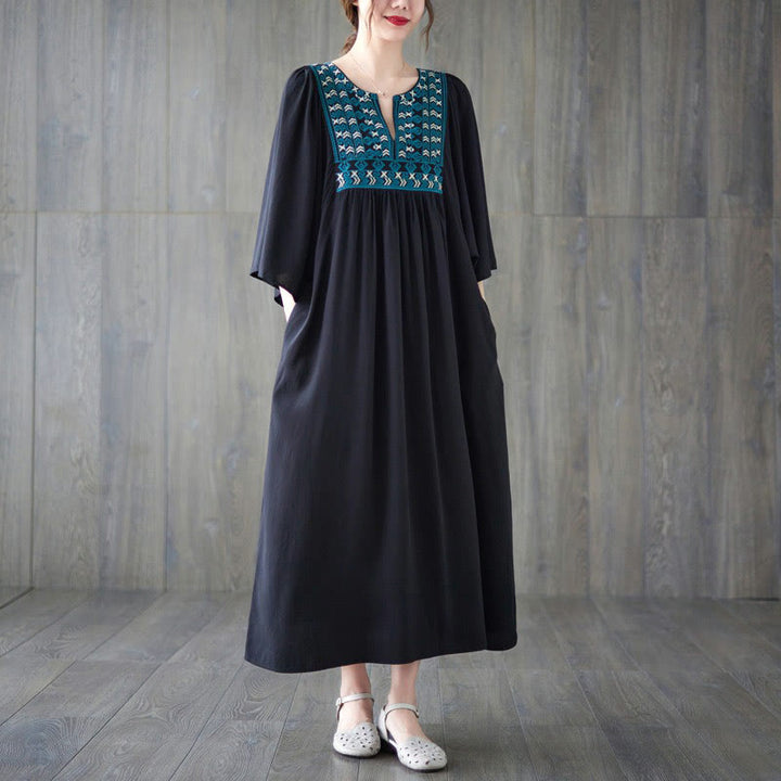 Buddha Stones Stickerei Midi-Kleid mit gerüschtem Saum und Taschen - Schwarz - F (Passend für US4-12; UK/AU8-16; EU36-44) - image 21