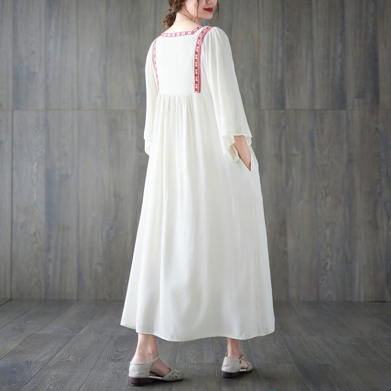 Buddha Stones Stickerei Midi-Kleid mit gerüschtem Saum und Taschen - image 2