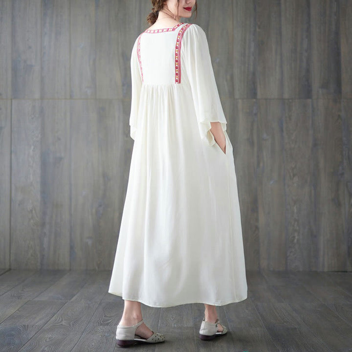 Buddha Stones Stickerei Midi-Kleid mit gerüschtem Saum und Taschen - image 2