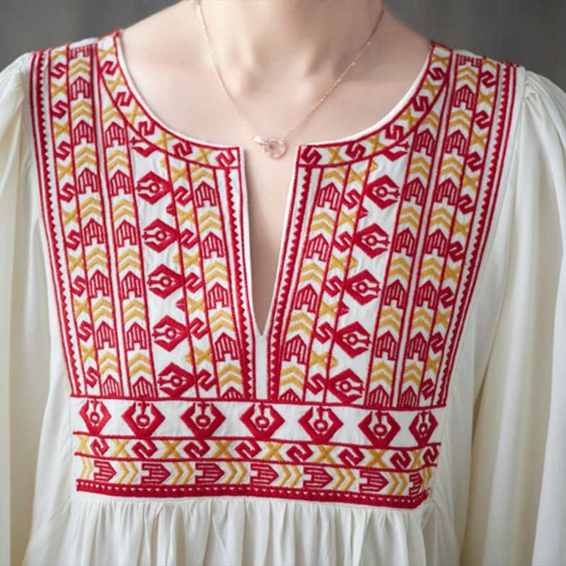 Buddha Stones Stickerei Midi-Kleid mit gerüschtem Saum und Taschen - image 5