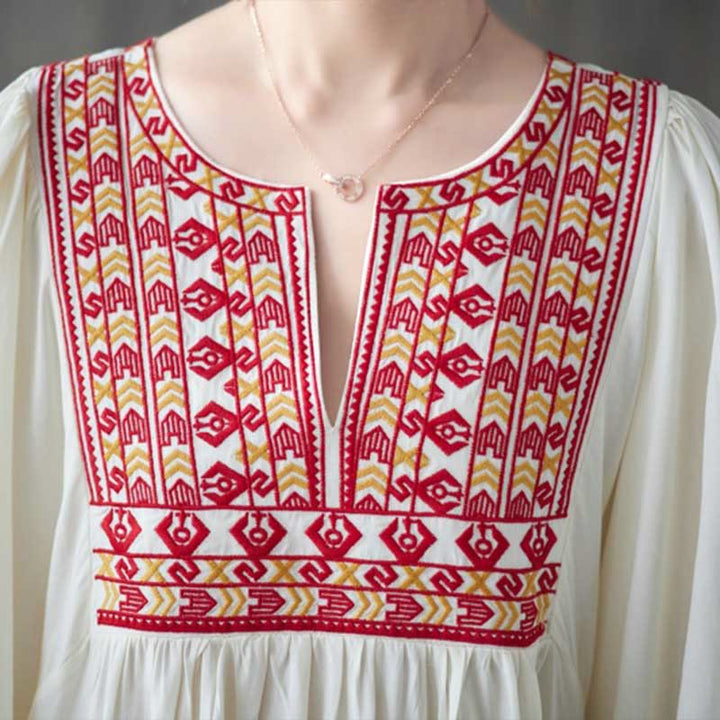 Buddha Stones Stickerei Midi-Kleid mit gerüschtem Saum und Taschen - image 5