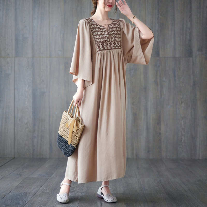 Buddha Stones Stickerei Midi-Kleid mit gerüschtem Saum und Taschen - image 29