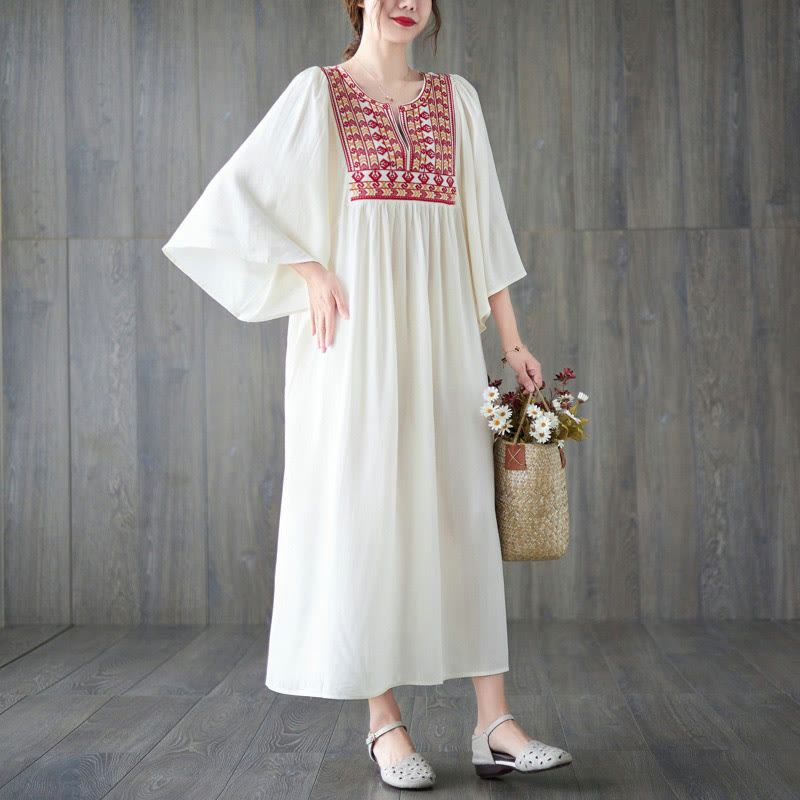 Buddha Stones Stickerei Midi-Kleid mit gerüschtem Saum und Taschen - image 13