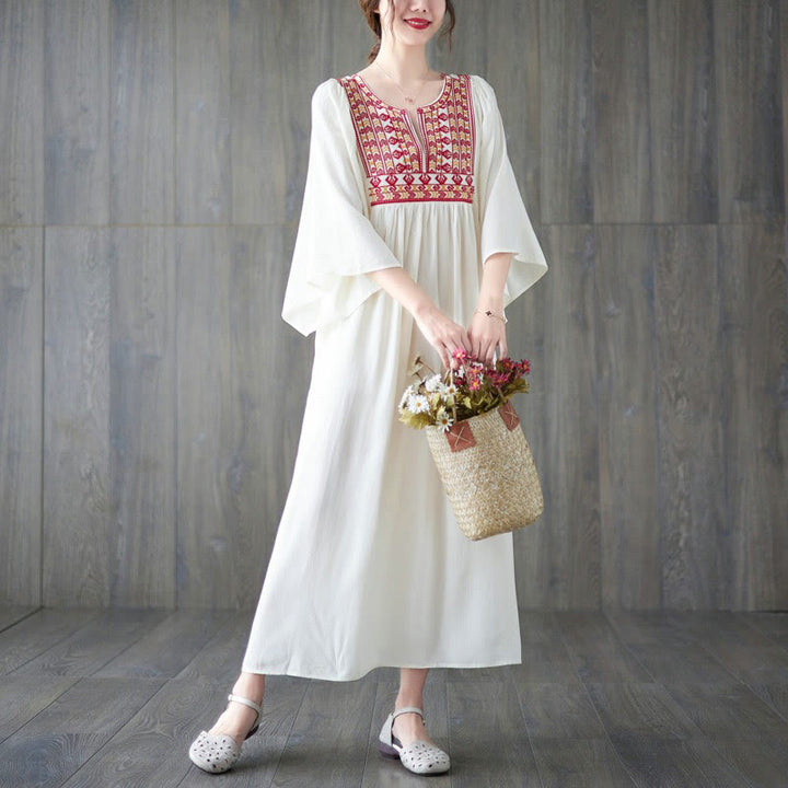 Buddha Stones Stickerei Midi-Kleid mit gerüschtem Saum und Taschen - image 12