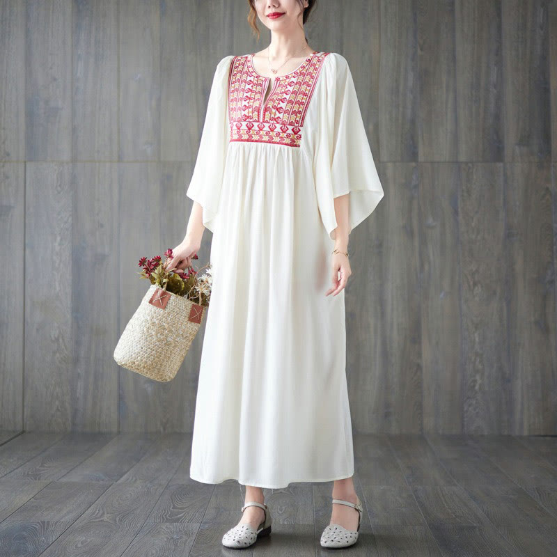 Buddha Stones Stickerei Midi-Kleid mit gerüschtem Saum und Taschen - image 4