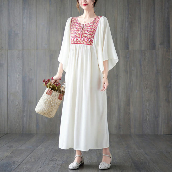 Buddha Stones Stickerei Midi-Kleid mit gerüschtem Saum und Taschen - image 4
