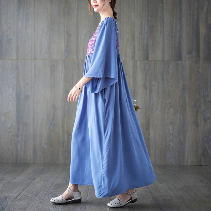 Buddha Stones Stickerei Midi-Kleid mit gerüschtem Saum und Taschen - image 17