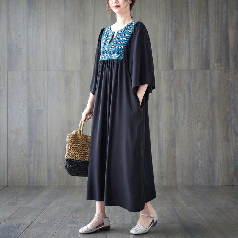 Buddha Stones Stickerei Midi-Kleid mit gerüschtem Saum und Taschen - image 24