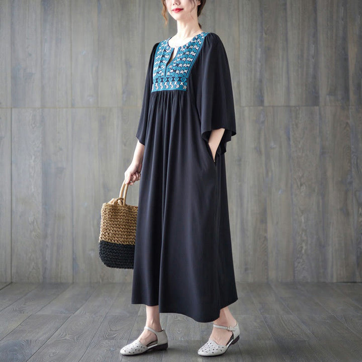 Buddha Stones Stickerei Midi-Kleid mit gerüschtem Saum und Taschen - image 24