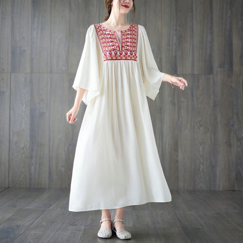 Buddha Stones Stickerei Midi-Kleid mit gerüschtem Saum und Taschen - Weiß - F (Passend für US4-12; UK/AU8-16; EU36-44) - image 1
